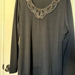 Roz & Ali Black Long Sleeve Top with Embellished Neckline